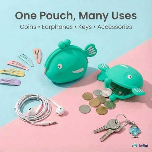Image of FunBlast Cute Fish Shape Silicone Coin Purse for Kids & Adults - Mini Pouch for Coins, Earphones, Keys & Small Essentials, Aesthetic Pouches for Girls & Women - 12 X 9.5 X 3 Cm (Green)