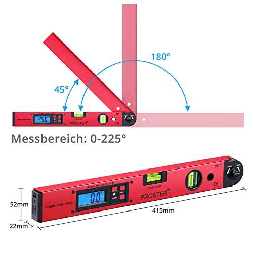 Proster Digitaler Winkelmesser 0-225 ° Digital Winkelmesser mit Wasserwaage und LCD Beleuchtetung 400 mm / 16 Zoll Winkelmessgerät mit Batterie und Tasche für Bedachungstechnik -Rot