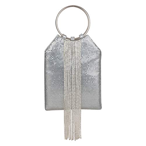 Image of Wrist Handle Cocktail Party Wedding Evening Clutch Crystal Rhinestone Tassels Tote Handbag Metal Mesh Evening Bag