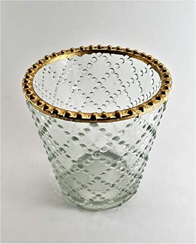 Generic Set of 4 Hand-Crafted Votive Glass Candle Holders (Clear with Cross Pattern/Top Golden Rim)