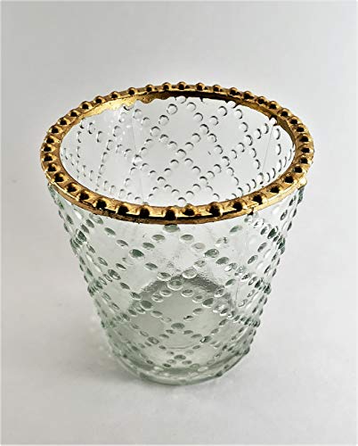 Generic Set Of 4 Hand-Crafted Votive Glass Candle Holders (Clear With Cross Pattern/Top Golden Rim) #TOP20