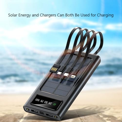 Banco de energía solar 30000mAh blanco con cables integrados y pantalla LCD 2