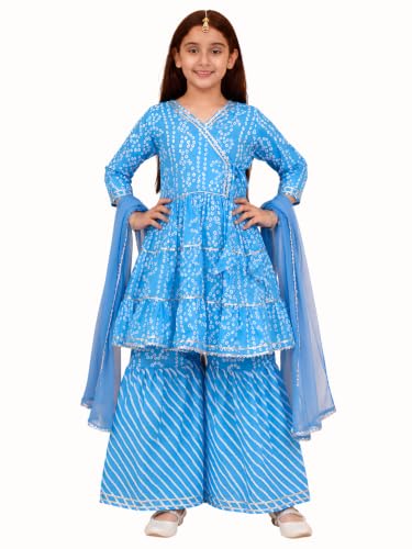 Image of Preneum Girl's Cotton Rayon Bandhani & Lahariya Printed Angrakha Kurta with Sharara & Dupatta