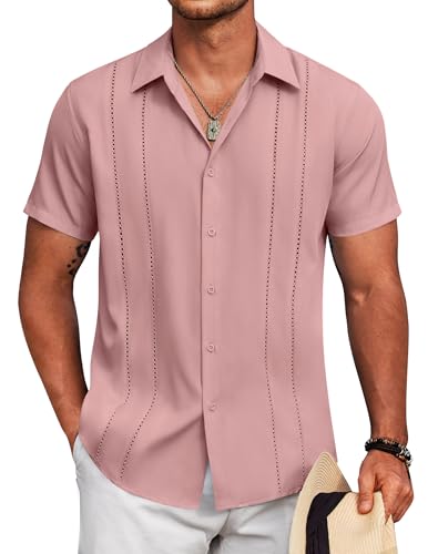 Image of COOFANDY Mens Cuban Guayabera Shirt Short Sleeve Button Down Shirts Summer Beach Vacation Shirts