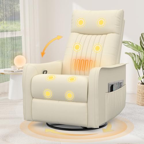 Fernsehsessel Massagesessel mit Liegefunktion, Relaxsessel mit Wärme und Massage, 360°Drehbarer TV Sessel Wohnzimmer, Schaukelstuhl mit Gepolsterte Kopfstütze, 2 Seitentaschen