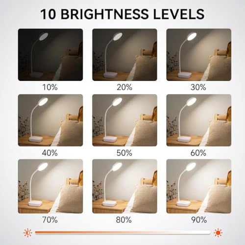Image of White Small Battery Powered Desk Lamp,Battery operated lamp,5W Rechargeable desk light,3 Colors,Adjustable brightness,360Gooseneck Hose,Cordless lamps for small spaces,Eye-friendly and Energy Saving