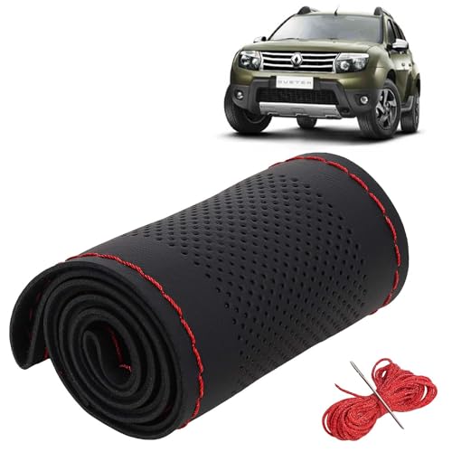 Image of KINGSWAY PU Leatherite Car Steering Cover Sewable Compatible with Renault Duster (Year 2012-2014), Black Color with Red Thread, Pack of 1 with Sewing Needle and Thread