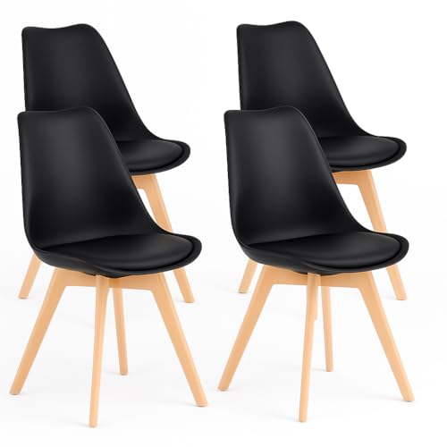 T-LoVendo Pack de 4 Sillas Comedor Nórdico, Sillas de Cocina Nórdicas con Patas de Madera Maciza de Haya y Asiento Acolchado y Tapizado, Respaldo Ergonómico (Negro)