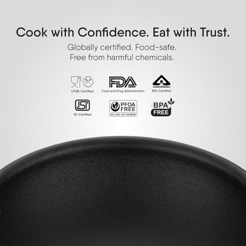 Image of Stahl Artisan Schild 2.4L, 24 cm Kadhai Triply Stainless Steel + PEEK-Reinforced Non-Stick Kadhai | Induction & Gas Compatible | with Glass Lid | Manufacturer Warranty