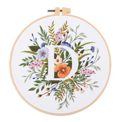 Abillyn Embroidery Starter Kit English Letter D and Flowers Stamped with Printed Pattern Cross Stitch Embroidery Kits (Letter D)