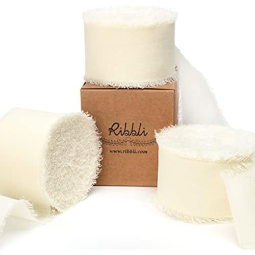Ribbli Ivory Chiffon Ribbon 1-1/2 inch x 30 Yard Handmade Fringe Chiffon Ivory Silk Ribbon,Cream Ribbon for Wedding Invitations, Bridal Bouquets Wrapping, Flower Arrangement Decoration