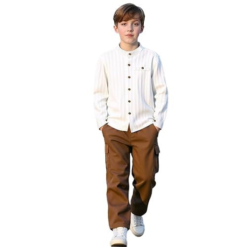 xueteox Boys Clothes Dark Brown Pocket Minimalist Top & Solid-Color Trousers Casual Outdoor Fashion Set,8-12 Years (US, Age, 12 Years, Brown and White)