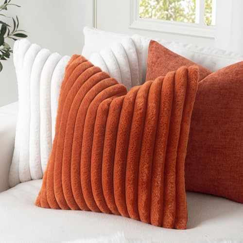 Image of MIULEE Faux Fur Decorative Throw Pillow Covers 20x20 Set of 2 Burnt Orange | Vintage Boho Fall Home Decor Soft Plush Couch Pillows Cozy Fluffy Cushion Covers for Sofa Bed Living Room