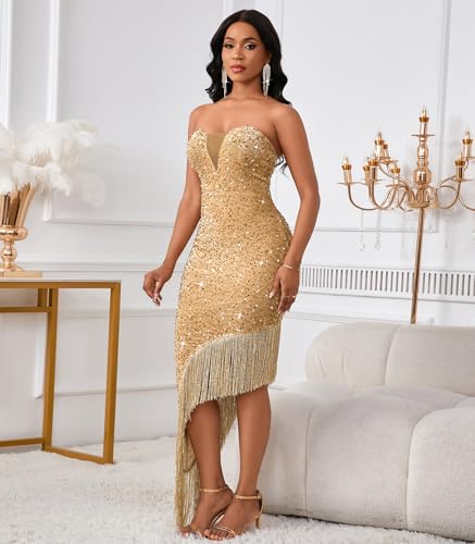 Image of dasmzper Women's Sexy Sequin Off The Shoulder V Neck Mesh See Through Dress Feather Hem Bodycon Evening Maxi Dress