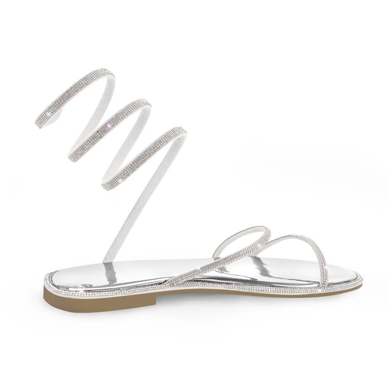 MissHeel Damen Flach Sandalen Runde Zehenkappe mit Schnürung und Strasssteinen