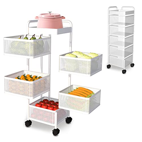 Pinfengjiaju Rotating Kitchen Storage Shelf With Handle, Fruit Vegetable Storage Basket, Rolling Storage Cart, Multifunctional Household Shelf For Bedroom, Bathroom, Living Room(White, 5-Tier Square) #TOP11