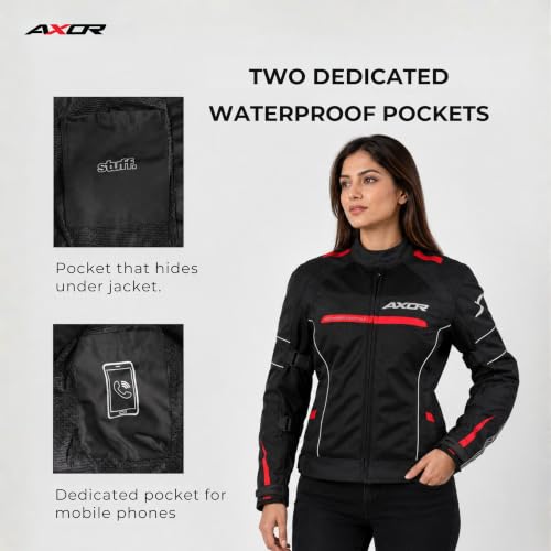 Image of Axor Divazz Women Motorcycle Riding Jacket, CE Armour Protective Bike Jacket, All-Weather Touring Riding Gear with Ventilation Panels, Black Red, L