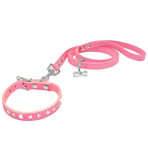 Dogs Kingdom 10 "-16.5" Total Length Suede Skin Jeweled Rhinestones Pet Dog Collar Leash Set Sparkly Crystal Diamonds Studded Leather Puppy Dog Cat Collar Leash Set Pink M #TOP13