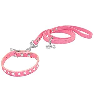 Dogs Kingdom 10 “-16.5” Total Length Suede Skin Jeweled Rhinestones Pet Dog Collar Leash Set Sparkly Crystal Diamonds Studded Leather Puppy Dog Cat Collar Leash Set Pink M