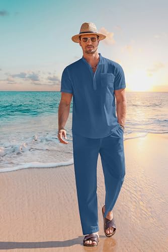 COOFANDY Men's 2 Pieces Cotton Linen Set Casual Short Sleeve Henley Shirts Beach Yoga Pants Summer Outfits3