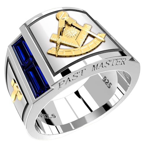 US Jewels Men's 925 Sterling Silver & 10k or 14k Gold Lab-Created Sapphire Past Master Masonic Ring, Sizes 8 thru 14