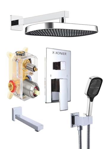 Image of X-XONIER Modern Bathroom Brass Concealed Shower System Body High Flow 3 Ways Diverter Full Set, 33x23 cm Rainfall Head with 3 ways Hand Shower and Tub Spout, Chrome