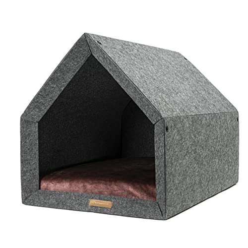 Rexproduct - PetHome Hundehütte mit Liegefläche und Dach I Biss- und Kratzfest I Gute Schalldämmung I Umweltfreundlich & Einfach zu Montieren I Größe S (60x42x43 cm) - Dunkelgrau und Rot