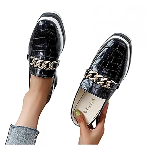 Hbeylia Platform Mule Slippers Shoes For Women Ladies Fashion Snake Leather Metal Chain Square Toe Chunky Bottom High Heels Slip On Loafers Sandals Casual Flats Dress Walking Slides Shoes For Fall