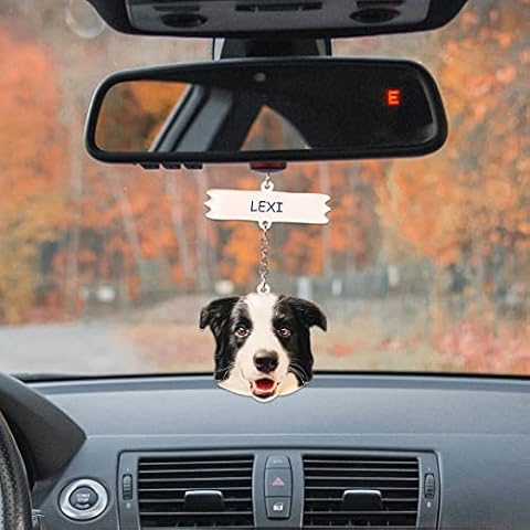 WillingFun Acrylic Car Mirror Hanging Ornament Personalised Photo Face Pet Portrait Interior Car Hanging Accessories Pendant Rear View Mirror Decoration Dog Car Hanger First Car Gift Cover