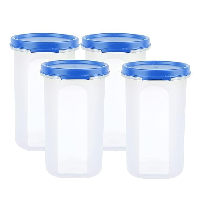 Image of SIMPARTE Smart Slim Storage Air-Tight & Leak Resistant Plastic Round Modular Container - For Juice, Snacks, Spices, Chia Seeds, Stackable, BPA Free, Food Grade (585 ML, Light Blue, Set of 4)