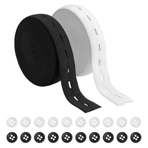 2 Pièces 8M Elastique a Boutonniere, Elastique Vetement, 15MM Ruban Élastique Couture et Tricot, 20 Boutons en Résine Inclus, Élastique Haute Résistance...