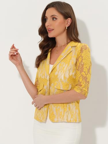 Women's Bussiness Casual Blazers Floral Lace 3/4 Sleeve Single Button Elegant Blazer Suits2