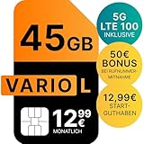 Vario L | 45 GB | 12,99 EUR/Mon. | Startguthaben 12,99 EUR | LTE 100 im Vodafone 5G-Netz | 50 EUR Bonus bei Rufnummernmitnahme | Telefon- SMS-Flat | EU-Roaming | 24 Mon. Laufzeit (Versand per E-Mail)