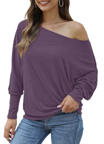 Image of Aifer Women's Off The Shoulder Tops Sexy Long Sleeve Shirts Oversized Fashion Casual Batwing Sweaters Pullover Tunic Tops