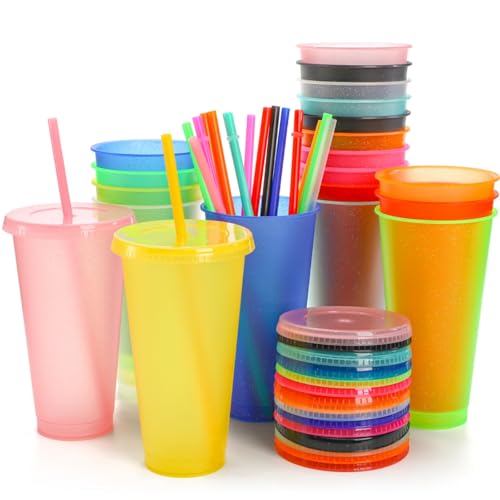 Tlence 20 Pack Glitter Tumblers with Lids and Straws, 24 OZ Reusable Plastic Iced Coffee Cup, Clear Cold Water Bottle Travel Mugs Bulk for Smoothie Juices, Perfect for Parties Birthdays, Multicolors