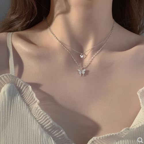 Sterling Silver Butterfly Necklace, Vintage Layered Crystal Necklace for Women & Teen Girls, 925 Silver Choker with Double Butterfly Pendant2