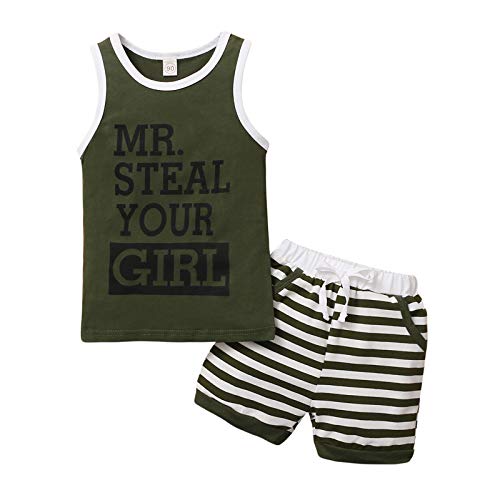 Summer Infant Baby Boy Clothes Set Striped Outfit Sleeveless Cotton Letter Tops+Elastic Shorts 2PCS (Sleeveless Army Green, 0-6 Months)