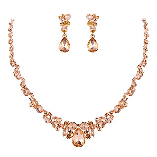 EVER FAITH Rhinestone Crystal Elegant Bridal Floral Teardrop Necklace Earrings Set Champagne Rose Gold-Tone