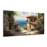 Canvas Wall Art Prints Italy Town Painting Tuscany Streets Mediterranean Towns Landscape Large Framed Artwork Wall Paintings Pictures Posters 30'x60' Wall Decor for Living Room Office Bedroom