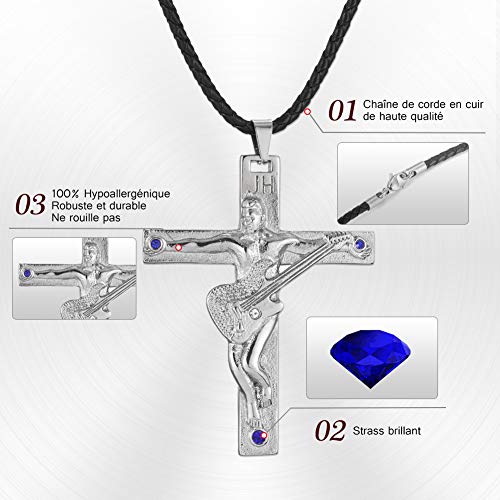 AFSTALR Johnny Hallyday Collier Femme Homme Argent Pendentif Croix Guitare en Acier Inoxydable Cadeau Souvenir Fan- JH Signature Design JH12 – vue 2