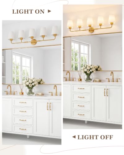 Image of 5-Light Gold Bathroom Light Fixtures with White Fabric Shades