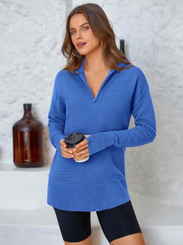 Image of PRETTYGARDEN Womens Long Sleeve Quarter Zip Pullover Sweater | Casual Loose V Neck Sweaters with Thumb Hole, Collared Ribbed Knit Jumper Tops, Oversized Tunic Tops, Fall Outfits 2026