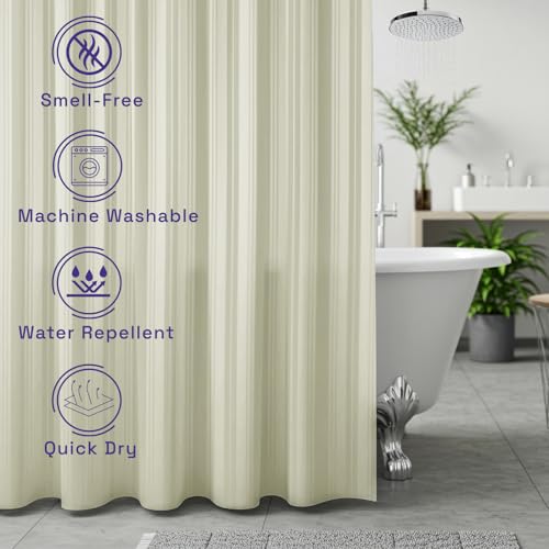 Image of Wakefit Shower Curtain 6 Feet | 14 Free Hooks | No Plastic Smell | Waterproof Bathroom Curtain | Curtain for Balcony | Machine Washable | Off-White Stripes | Height 6ft & Width 6ft | Very Premium