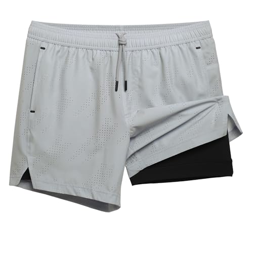 MaaMgic Pantalones cortos de correr 2 en 1 para hombre, con bolsillo para el móvil, secado rápido, pantalones cortos para correr de 5 pulgadas, con pantalones interiores, elásticos, para correr