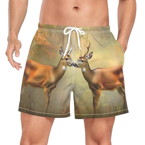 Mens Swim Trunks with Liner, Deers Fall Forest Cool Quick Dry Beach Swim Shorts, Swimwear Bathing Suits S
