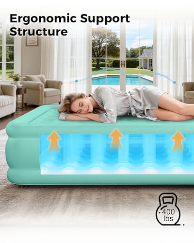 Image of Twin Air Mattress with Built in Pump, Single Blow up Air Bed with Portable Storage Bag, Suitable for Home and Guests, Top Flocking, 18 inch Turquoise Green