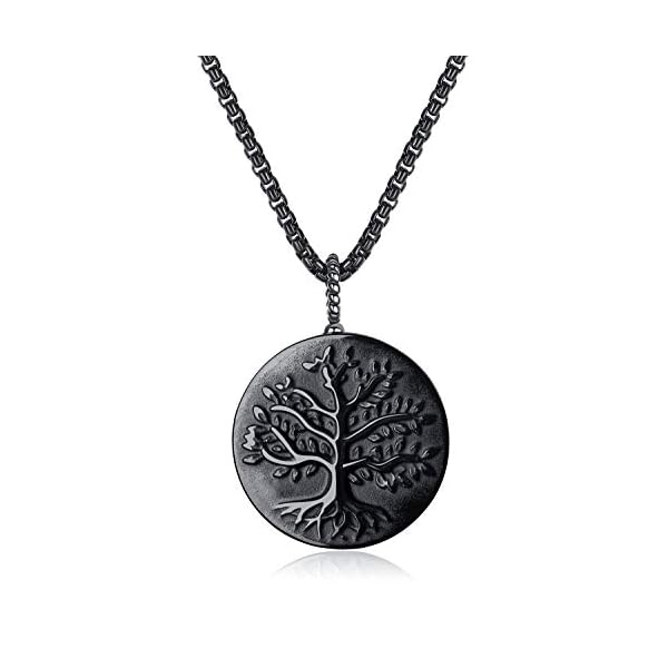 COAI Tree of Life Healing Crystal Black Obsidian Necklace Stainless Steel Box Chain 60cm