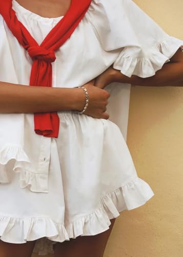 Image of Womens Fashion Summer Short Sets Short Sleeve Button Down Ruffle Trim Top and Shorts Cotton Pajama Sets