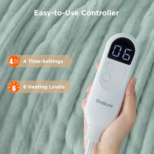 Image of Bedsure Heated Blanket Electric Throw - Thick Striped Flannel Electric Blanket, Heating with 4 Time Settings, 6 Heat Settings, and 3-Hour Timer Auto Shut Off, Gift for Grandma (50x60 inches, Green)