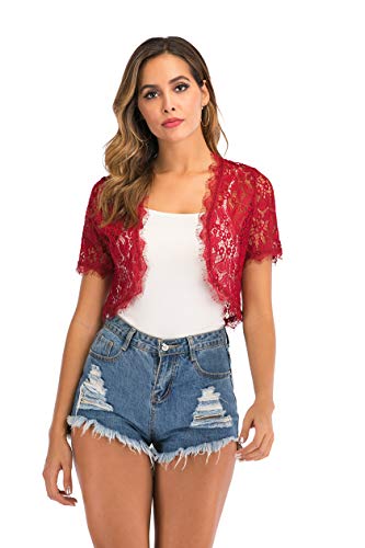 Womens Lace Shrugs Floral Bolero Short Sleeve Open Front Cardigan Lightweight Crop Jacket Ladies for Dresses Evening Wedding (Wine red,L